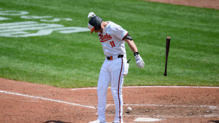 Jul 31, 2024; Baltimore, Maryland, USA; Baltimore Orioles third baseman Jordan Westburg (11) is hit by a pitch during the fifth inning against the Toronto Blue Jays at Oriole Park at Camden Yards. 