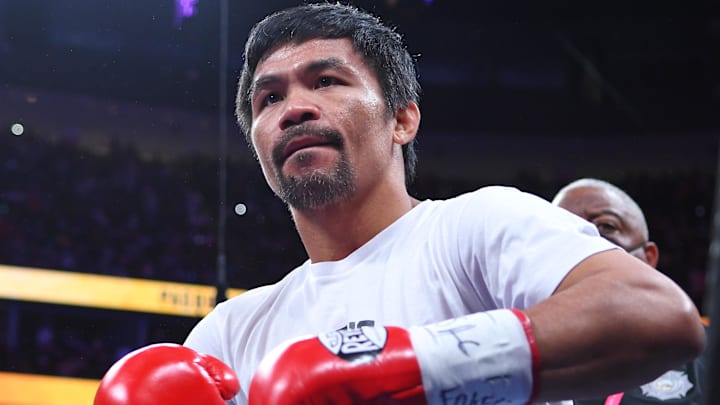 Aug 21, 2021; Las Vegas, Nevada; Manny Pacquiao is pictured before the start of a world welterweight championship bout against Yordenis Ugas at T-Mobile Arena. 