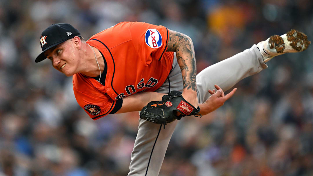 Aug 19, 2025; Detroit, Michigan, USA;  Houston Astros starting pitcher Hunter Brown (58) throws a pitch against the Detroit Tigers in the second inning at Comerica Park. Mandatory Credit: Lon Horwedel-Imagn Images