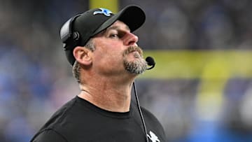 Dec 15, 2024; Detroit, Michigan, USA; Detroit Lions head coach Dan Campbell reacts after the Buffalo Bills scored a touchdown on their first play after recovering an onside kick attempt by the Lions in the fourth quarter at Ford Field. Mandatory Credit: Lon Horwedel-Imagn Images