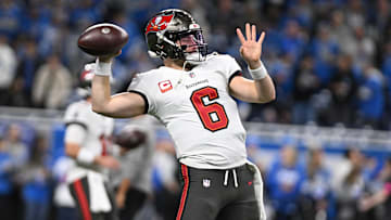 Jan 21, 2024; Detroit, Michigan, USA; Tampa Bay Buccaneers quarterback Baker Mayfield (6) warms up