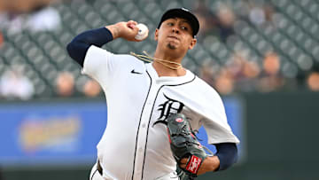 Sep 10, 2024; Detroit, Michigan, USA; Detroit Tigers starting pitcher Keider Montero (54) throws a pitch against the Colorado Rockies in the first inning at Comerica Park. 