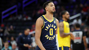 Mar 27, 2025; Washington, District of Columbia, USA; Indiana Pacers guard Tyrese Haliburton (0) looks on during the first half against the Washington Wizards at Capital One Arena. Mandatory Credit: Daniel Kucin Jr.-Imagn Images