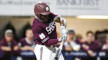 Mississippi State outfielder Dakota Jordan (42) singles against Ole Miss at Swayze Field in Oxford, Miss., on Friday, Apr. 12, 2024.