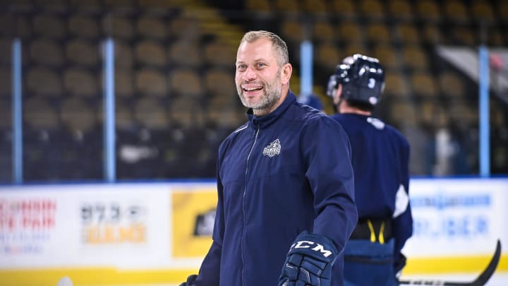 Milwaukee Admirals assistant coach Scott Ford watches during practice Thursday, April 11, 2024, at UW-Milwaukee Panther Arena in Milwaukee, Wisconsin.