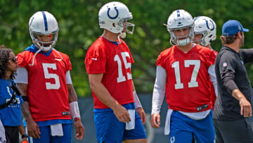 Colts quarterbacks, Anthony Richardson, from left, Joe Flacco and Kedon Slovis wait for the next drill during Indianapolis Colts minicamp practice Tuesday, June 4, 2024 at the Indiana Farm Bureau Football Center.