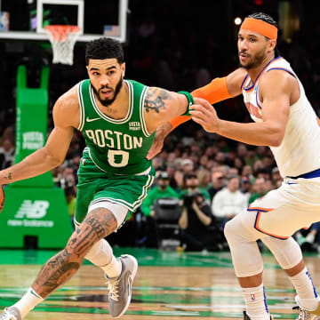 Dec 8, 2023; Boston, Massachusetts, USA;  Boston Celtics forward Jayson Tatum (0) drives to the basket during the second half against the New York Knicks at TD Garden. Mandatory Credit: Eric Canha-USA TODAY Sports