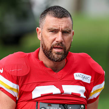Travis Kelce is wearing unreleased Air Jordan 11 cleats at Kansas City Chiefs training camp.