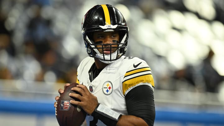 Aug 24, 2024; Detroit, Michigan, USA;  Pittsburgh Steelers quarterback Russell Wilson (3) warms up before their game against the Detroit Lions at Ford Field. Mandatory Credit: Lon Horwedel-USA TODAY Sports