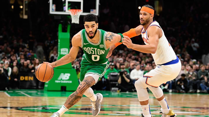 Dec 8, 2023; Boston, Massachusetts, USA;  Boston Celtics forward Jayson Tatum (0) drives to the basket during the second half against the New York Knicks at TD Garden. Mandatory Credit: Eric Canha-USA TODAY Sports