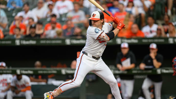 Jun 30, 2024; Baltimore, Maryland, USA; Baltimore Orioles shortstop Gunnar Henderson (2) at bat during the first inning against the Texas Rangers at Oriole Park at Camden Yards. Mandatory Credit: Reggie Hildred-USA TODAY Sports