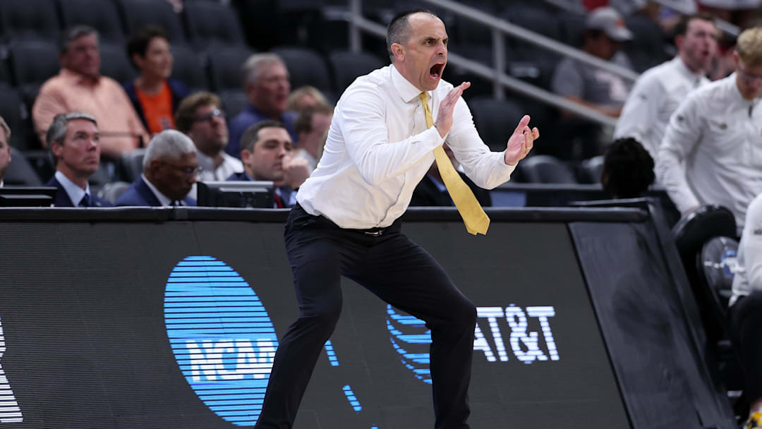 Mar 26, 2026; Houston, TX, USA; Iowa Hawkeyes head coach Ben McCollum reacts in the first half during a Sweet Sixteen game of the South Regional of the men's 2026 NCAA Tournament at Toyota Center. Mandatory Credit: Troy Taormina-Imagn Images
