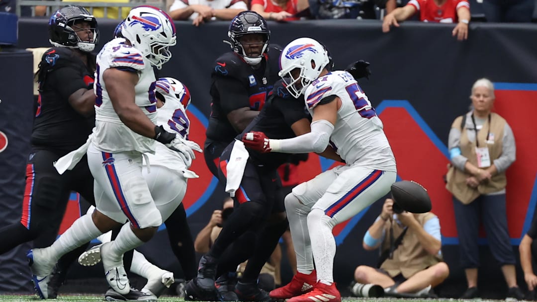 Oct 6, 2024; Houston, Texas, USA;  Houston Texans quarterback C.J. Stroud (7) fumbles the ball against the Buffalo Bills in the second half at NRG Stadium.