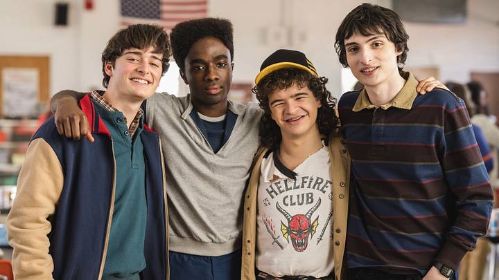 STRANGER THINGS: SEASON 5. (L to R) Noah Schnapp, Caleb McLaughlin, Gaten Matarazzo, and Finn Wolfhard behind the scenes of Stranger Things: Season 5