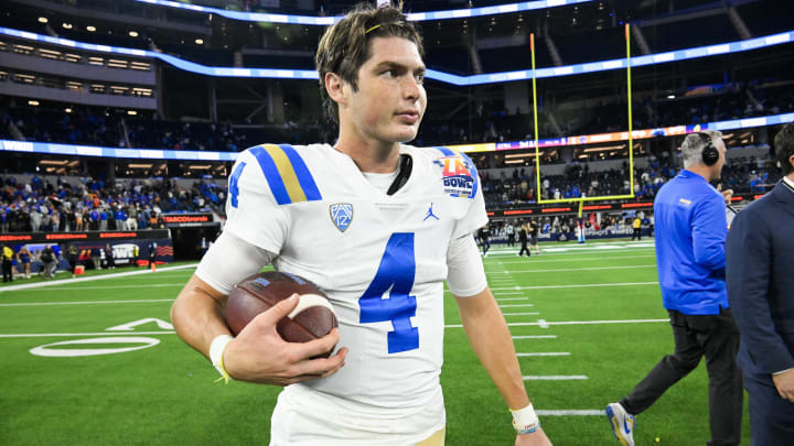 Dec 16, 2023; Inglewood, CA, USA; UCLA Bruins quarterback Ethan Garbers (4) reacts after defeating the Boise State Broncos in the Starco Brands LA Bowl at SoFi Stadium. Mandatory Credit: Robert Hanashiro-USA TODAY Sports