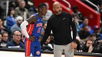 Feb 9, 2025; Detroit, Michigan, USA; Detroit Pistons newly acquired guard, Dennis Schroder (17), talks with Detroit Pistons head coach J.B. Bickerstaff in the second quarter of their game against the Charlotte Hornets at Little Caesars Arena. Mandatory Credit: Lon Horwedel-Imagn Images