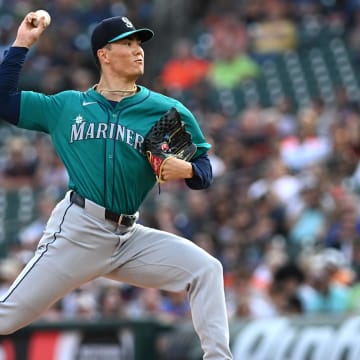 Seattle Mariners starting pitcher Bryan Woo throws a pitch against the Detroit Tigers on Aug. 14 at Comerica Park.