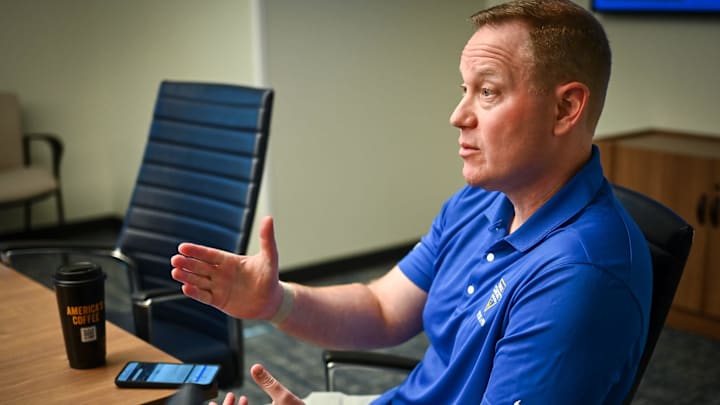 Milwaukee Brewers general manager Matt Arnold speaks with reporters, February 18, 2025, at American Family Fields of Phoenix in Phoenix.