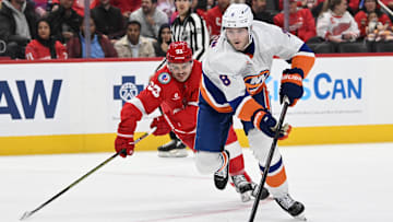 Nov 21, 2024; Detroit, Michigan, USA;  New York Islanders defenseman Noah Dobson (8) skates past Detroit Red Wings right wing Alex DeBrincat (93) in the first period at Little Caesars Arena. Mandatory Credit: Lon Horwedel-Imagn Images