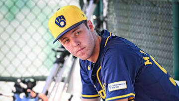 Milwaukee Brewers pitcher Jacob Misiorowski sits in the dugout during spring training workouts Tuesday, February 18, 2025, at American Family Fields of Phoenix in Phoenix, Arizona.