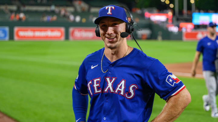 Jun 30, 2024; Baltimore, Maryland, USA; Texas Rangers outfielder Wyatt Langford (36) is interviewed following the game between the Baltimore Orioles and the Texas Rangers at Oriole Park at Camden Yards. Mandatory Credit: Reggie Hildred-USA TODAY Sports