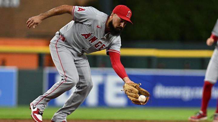 Aug 27, 2024; Detroit, Michigan, USA;  Los Angeles Angels third baseman Anthony Rendon (6) fields a ground ball against the Detroit Tigers in the third inning at Comerica Park. 