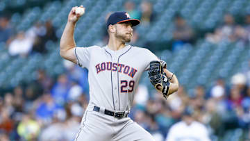 Jun 3, 2019; Seattle, WA, USA; Houston Astros starting pitcher Corbin Martin (29) throws against the Seattle Mariners during the first inning at T-Mobile Park.