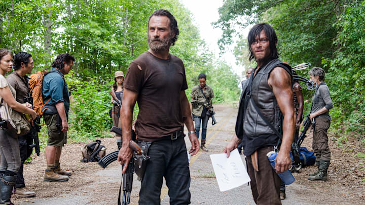 Lauren Cohan as Maggie Greene, Steven Yeun as Glenn Rhee, Josh McDermitt as Dr. Eugene Porter, Christian Serratos as Rosita Espinosa, Andrew Lincoln as Rick Grimes, Sonequa Martin-Green as Sasha, Norman Reedus as Daryl Dixon and Melissa McBride as Carol Peletier - The Walking Dead _ Season 5, Episode 10