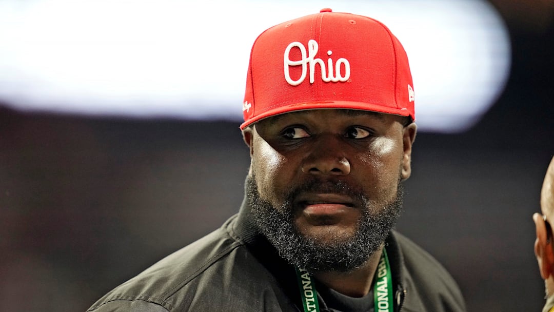 Former Ohio State quarterback Cardale Jones watches warm-ups before the start of the National Championship.