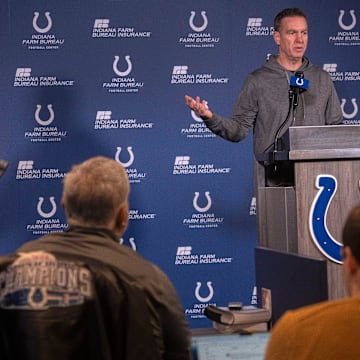 New Indianapolis Colts Defensive Coordinator Lou Anarumo speaks during a press conference Thursday, Jan. 23, 2025 at the Colts practice facility, the Indiana Farm Bureau Football Center.