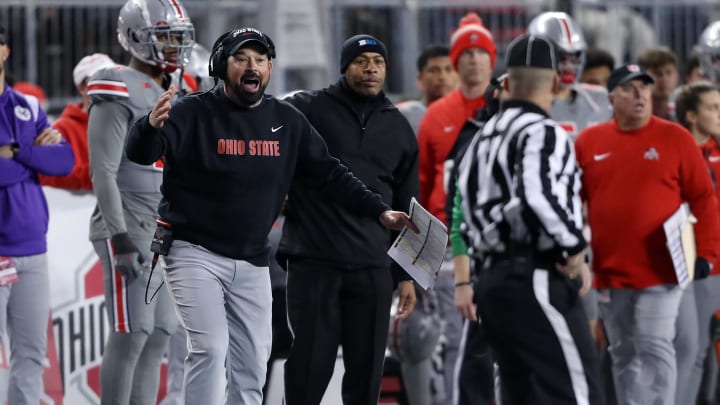 Nov 11, 2023; Columbus, Ohio, USA; Ohio State Buckeyes head coach Ryan Day calls the official.