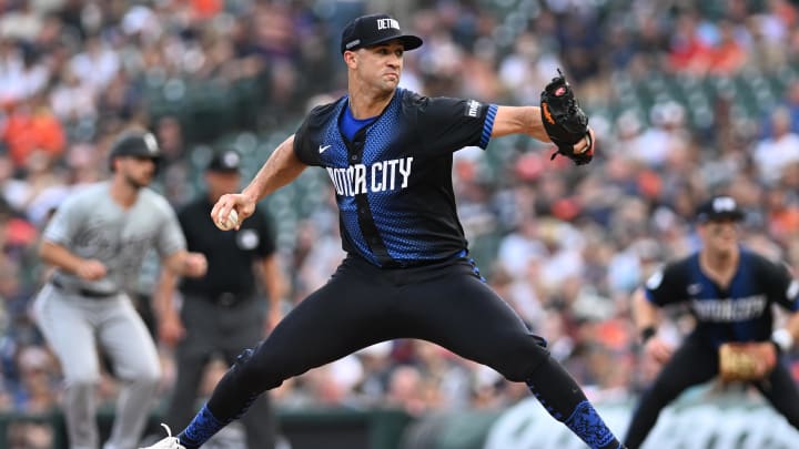 Jun 21, 2024; Detroit, Michigan, USA; Detroit Tigers starting pitcher Jack Flaherty (9) throws a pitch against the Chicago White Sox in the second inning at Comerica Park. Mandatory Credit: Lon Horwedel-USA TODAY Sports