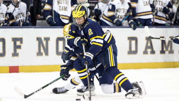 Michigan forward Rutger McGroarty (2) skates with the puck during the Michigan-Notre Dame NCAA hockey game on Saturday, November 12, 2022, at Compton Family Ice Arena in South Bend, Indiana.

Michigan Vs Notre Dame