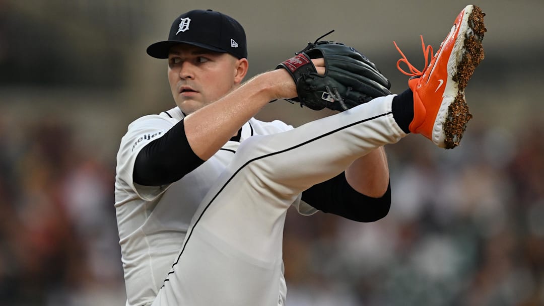 Detroit Tigers starting pitcher Tarik Skubal (29) throws a pitch against the Houston Astros in the second inning at Comerica Park.