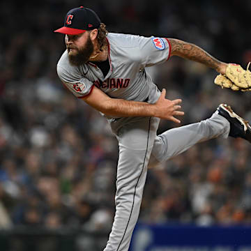 May 23, 2025; Detroit, Michigan, USA; Cleveland Guardians pitcher Hunter Gaddis (33) throws a pitch against the Detroit Tigers in the seventh inning at Comerica Park. Mandatory Credit: Lon Horwedel-Imagn Images