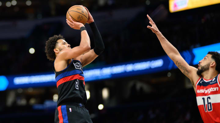 Mar 29, 2024; Washington, District of Columbia, USA; Detroit Pistons guard Cade Cunningham (2) shoots the ball over Washington Wizards forward Anthony Gill (16) during the third quarter at Capital One Arena. Mandatory Credit: Reggie Hildred-USA TODAY Sports