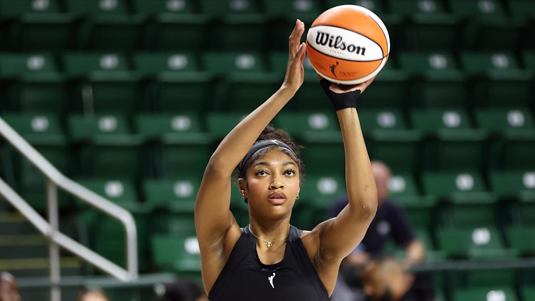 Jul 8, 2025; Fairfax, Virginia, USA; Chicago Sky forward Angel Reese (5) takes a shot before a game against the Washington Mystics at EagleBank Arena. Mandatory Credit: Daniel Kucin Jr.-Imagn Images