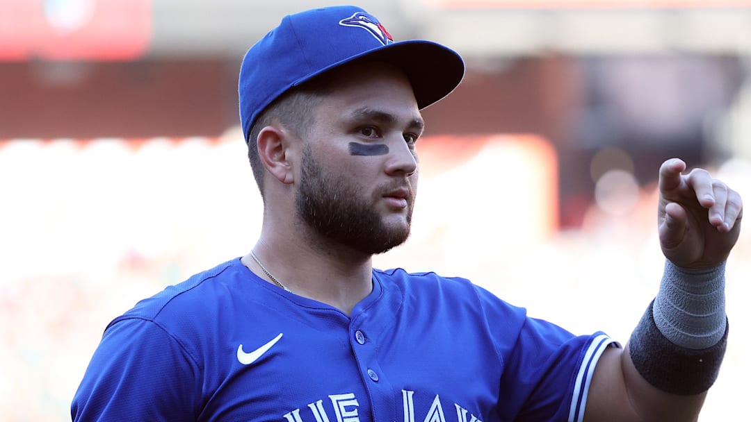 Jul 28, 2025; Baltimore, Maryland, USA; Toronto Blue Jays shortstop Bo Bichette (11) looks on before a game against the Baltimore Orioles at Oriole Park at Camden Yards. 