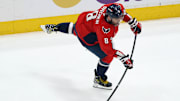 Mar 20, 2025; Washington, District of Columbia, USA; Washington Capitals left wing Alex Ovechkin (8) takes a shot during the second period against the Philadelphia Flyers at Capital One Arena. Mandatory Credit: Daniel Kucin Jr.-Imagn Images