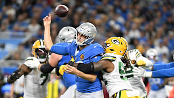 Nov 23, 2023; Detroit, Michigan, USA; Detroit Lions quarterback Jared Goff (16) fumbles the ball