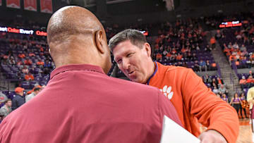 Florida State University Head Coach Leonard Hamilton and Clemson Head Coach Brad Brownell greet each other before the game Jan 11, 2025; Clemson, South Carolina, USA; at Littlejohn Coliseum.