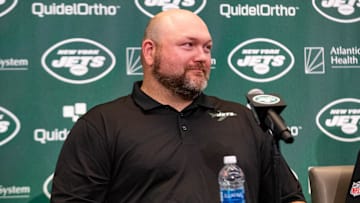 Apr 26, 2023; Florham Park, NJ, USA; New York Jets general manager Joe Douglas addresses the media during the introductory press conference for quarterback Aaron Rodgers (8) (not pictured) at Atlantic Health Jets Training Center.