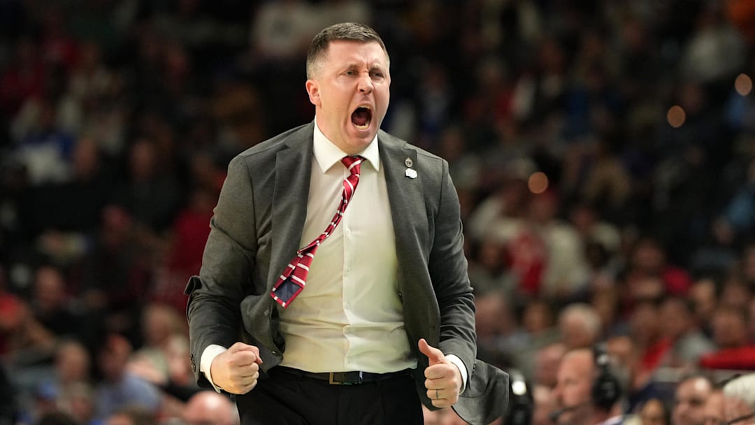 Mar 19, 2026; Greenville, SC, USA; Ohio State Buckeyes head coach Jake Diebler reacts against the Texas Christian University Horned Frogs in the second half during a first round game of the men's 2026 NCAA Tournament at Bon Secours Wellness Arena. Mandatory Credit: Bob Donnan-Imagn Images