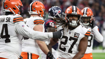 Jan 13, 2024; Houston, Texas, USA;Cleveland Browns running back Kareem Hunt (27) celebrates his touchdown against the Houston Texans  in a 2024 AFC wild card game at NRG Stadium. Mandatory Credit: Thomas Shea-USA TODAY Sports