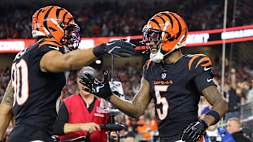 Dec 28, 2024; Cincinnati, Ohio, USA;  Cincinnati Bengals wide receiver Tee Higgins (5) celebrates with wide receiver Andrei Iosivas (80) after a touchdown pass reception against the Denver Broncos during the second quarter at Paycor Stadium. Mandatory Credit: Joseph Maiorana-Imagn Images