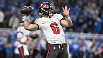 Jan 21, 2024; Detroit, Michigan, USA; Tampa Bay Buccaneers quarterback Baker Mayfield (6) warms up