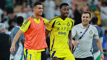 [US, Mexico & Canada customers only] Feb 13, 2024; Jeddah, Saudi Arabia;  Al Nassr players Jhon Duran and Cristiano Ronaldo celebrate after a Saudi Pro League soccer match at King Abdullah Sports City. Mandatory Credit: Reuters via Imagn Images