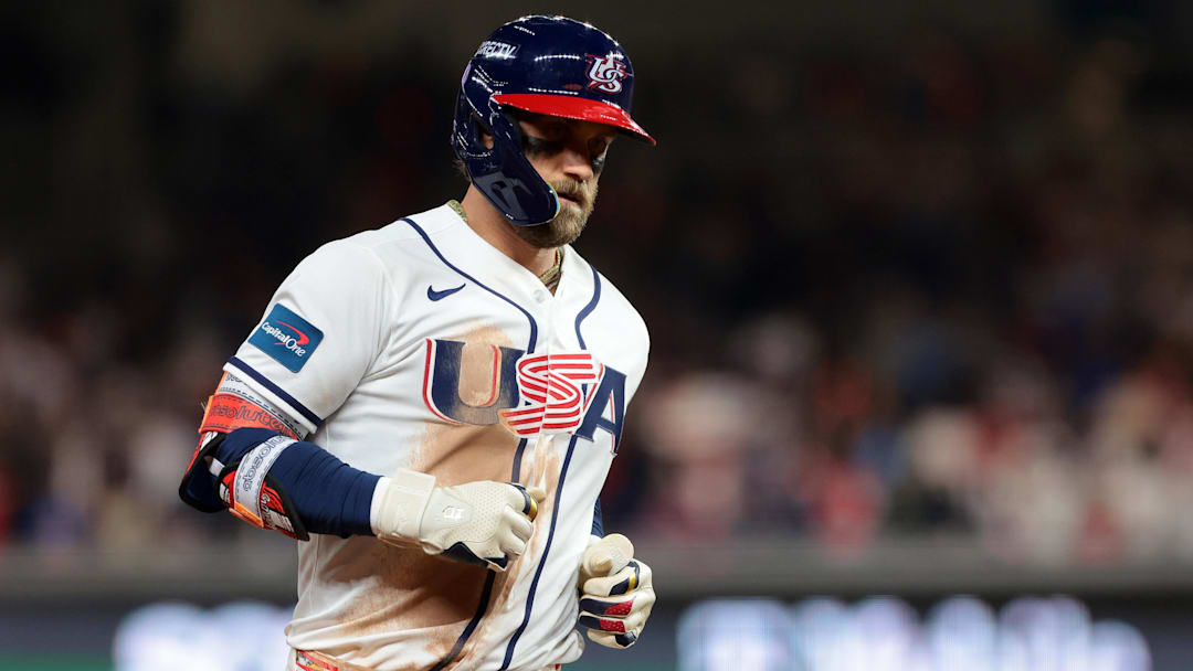 Mar 17, 2026; Miami, FL, United States;United States first baseman Bryce Harper (24) reacts after hitting a home run against Venezuela in the eighth inning during the 2026 World Baseball Classic Championship game at loanDepot Park. Mandatory Credit: Sam Navarro-Imagn Images