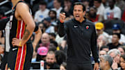 Mar 31, 2025; Washington, District of Columbia, USA; Miami Heat head coach Erik Spoelstra reacts during the third quarter against the Washington Wizards at Capital One Arena. Mandatory Credit: Reggie Hildred-Imagn Images