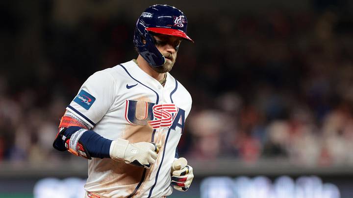 Mar 17, 2026; Miami, FL, United States;United States first baseman Bryce Harper (24) reacts after hitting a home run against Venezuela in the eighth inning during the 2026 World Baseball Classic Championship game at loanDepot Park. Mandatory Credit: Sam Navarro-Imagn Images